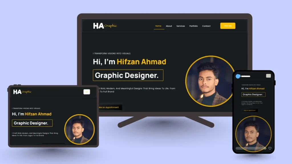 this is a web design portfolio graphic designer website build by Adeeb Ahmad and brand name is Adeebhq