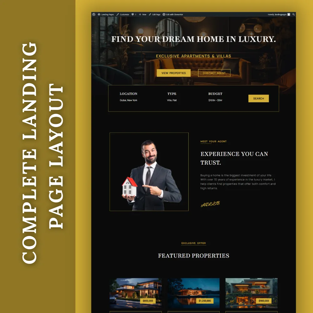 Luxury Real Estate Landing Page - Elementor Template (Dark Mode) - Image 2