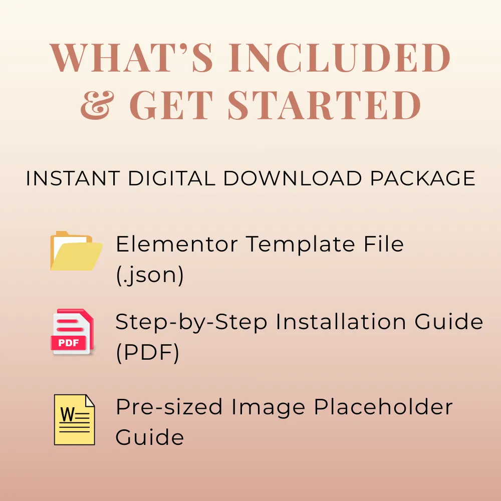 List of files included in the instant digital download package for the Elite Lash template: Elementor .json file, step-by-step PDF installation guide, and an image placeholder guide.