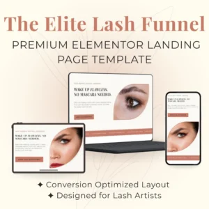 Multi-device mockup of The Elite Lash Funnel, a premium Elementor landing page template designed specifically for lash artists and beauty salons to optimize bookings.