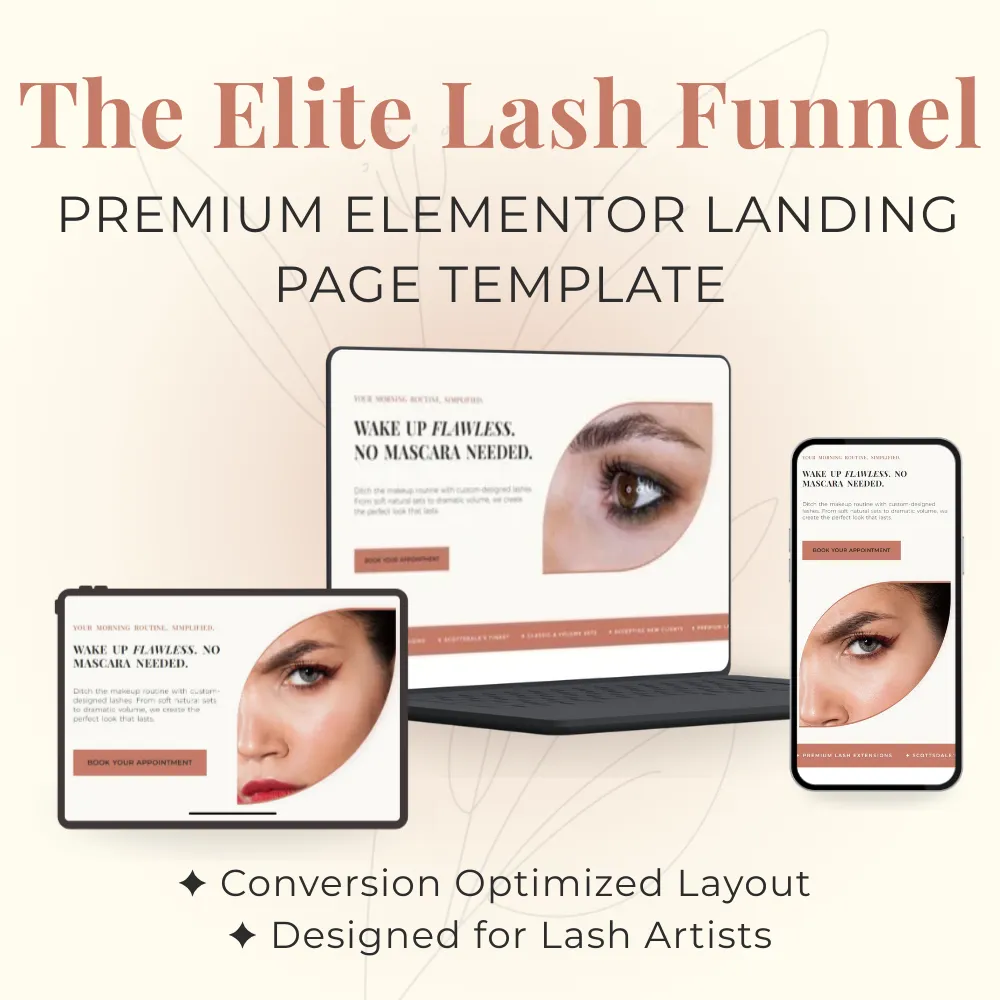 Multi-device mockup of The Elite Lash Funnel, a premium Elementor landing page template designed specifically for lash artists and beauty salons to optimize bookings.