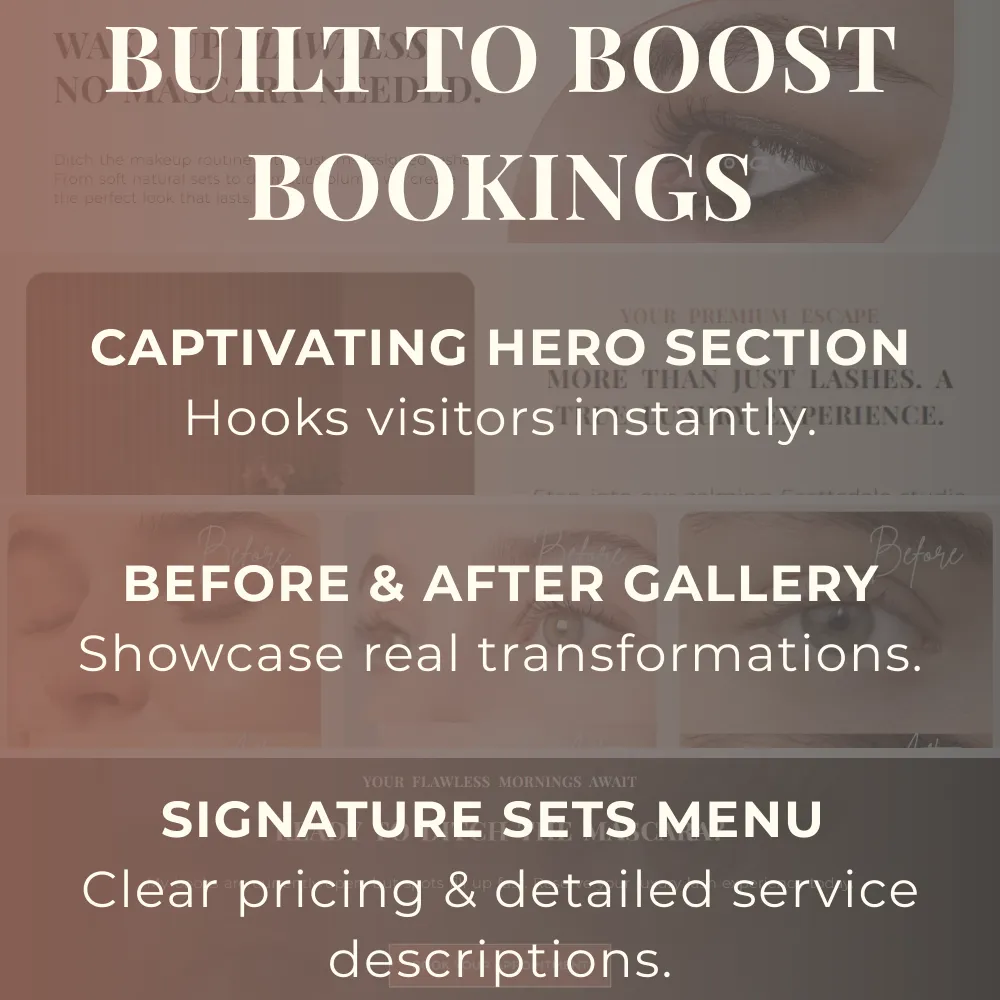 Features of the Elite Lash Funnel Elementor template including a captivating hero section, before and after lash gallery, and signature sets pricing menu built to boost salon bookings.