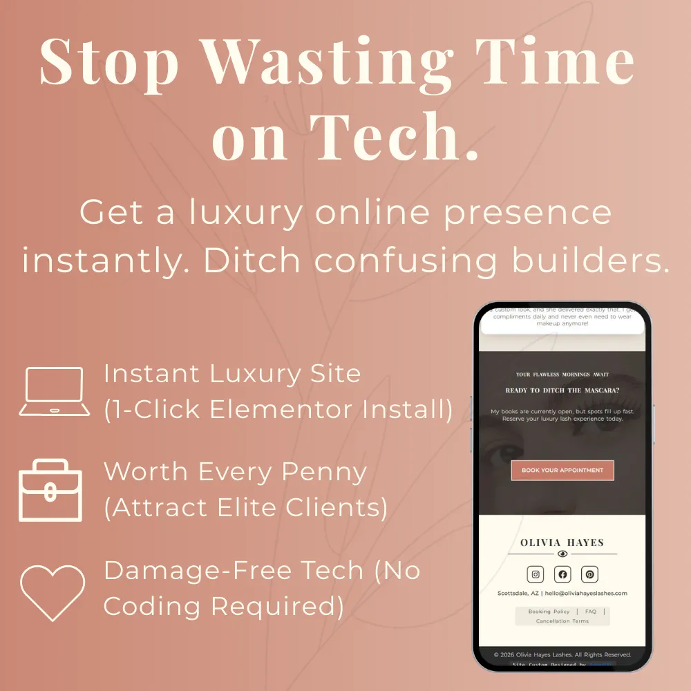 Infographic highlighting the benefits of the luxury lash Elementor template, including instant 1-click install, attracting elite clients, and requiring no coding or tech skills.